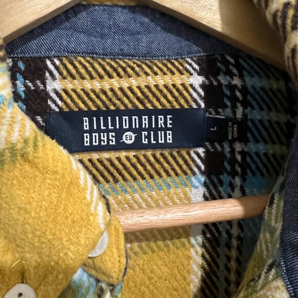BILLIONAIRE BOYS CLUB Yellow Plaid Snap Down WEALTH Shirt sz LARGE L - Picture 2 of 9